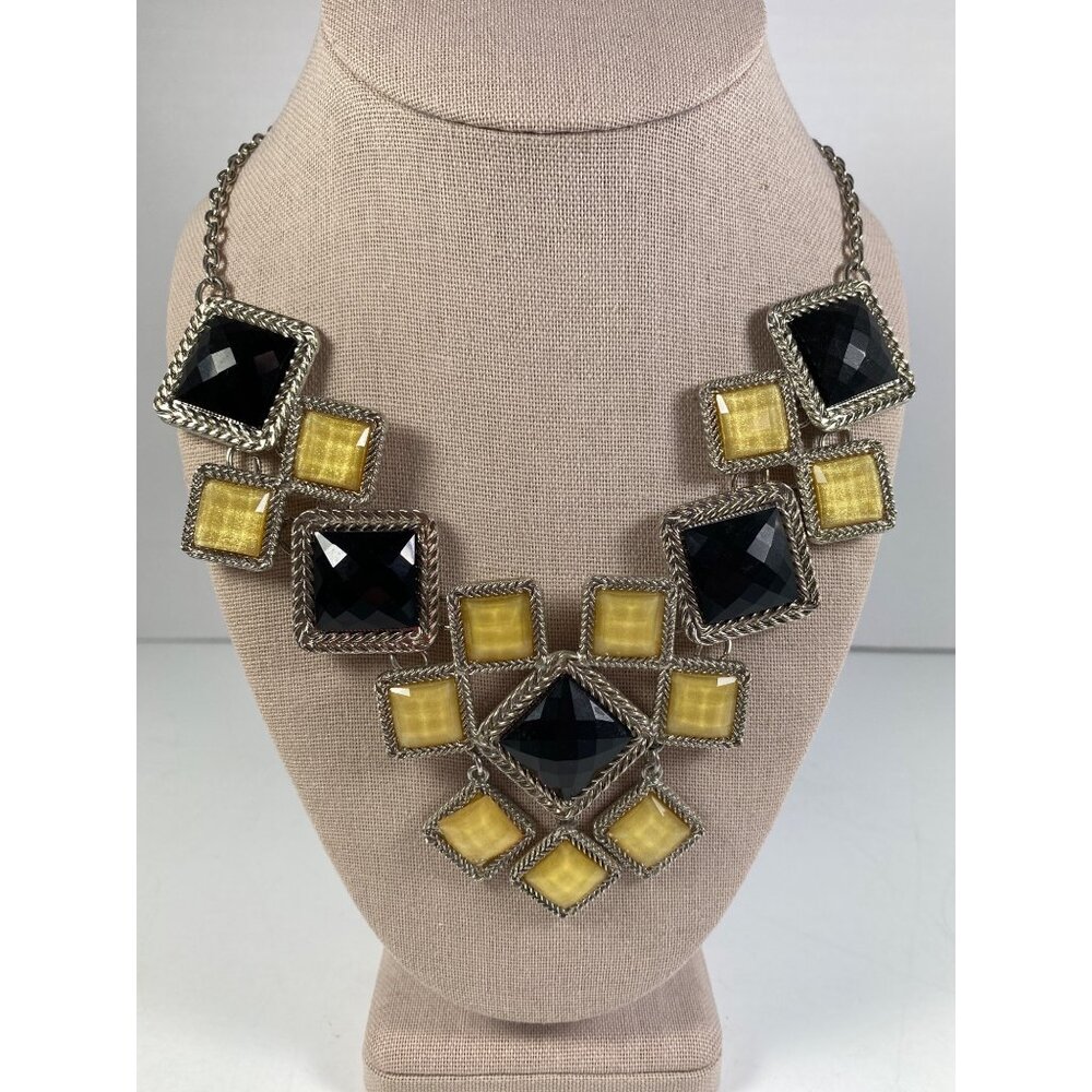 Y2K NY Geometric Statement Necklace Black Gold 15in + Extender - Picture 2 of 10
